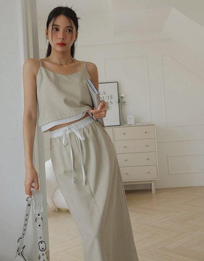 Texture Contrast Thin Strap Long Skirts Set Wear