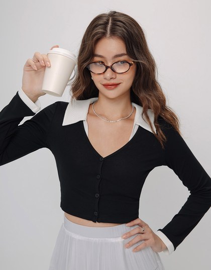 Faux 2 Piece Collared Buttoned Long Sleeve Top