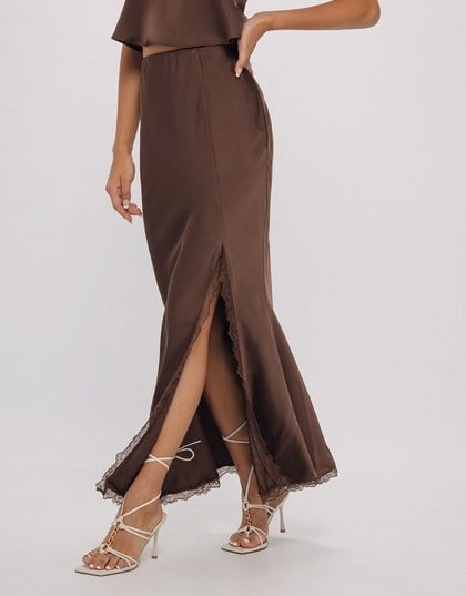 Lace Trim Satin Slit Maxi Skirt