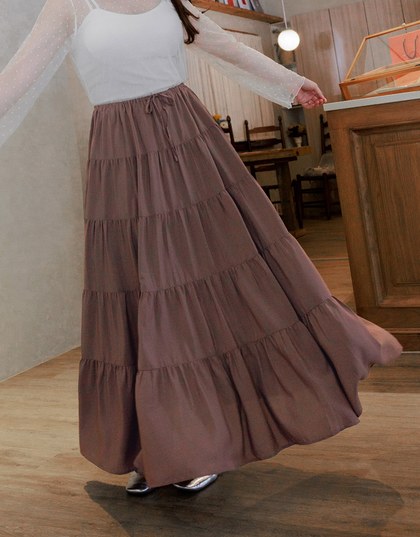 Maxi Long Skirt With Elastic Waistline And Drawstring Tiered & Textured Beach Style