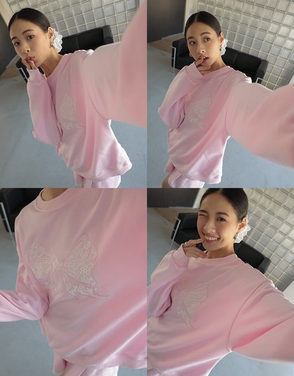 Lace Bow Embroidered Cotton Sweatshirt