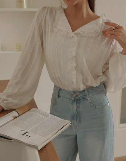 Collared Sheer Striped Ruffle Blouse