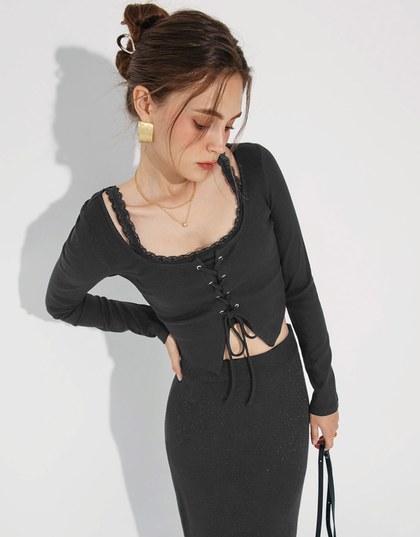 Lace Trim Corset Tie Front Knit Top