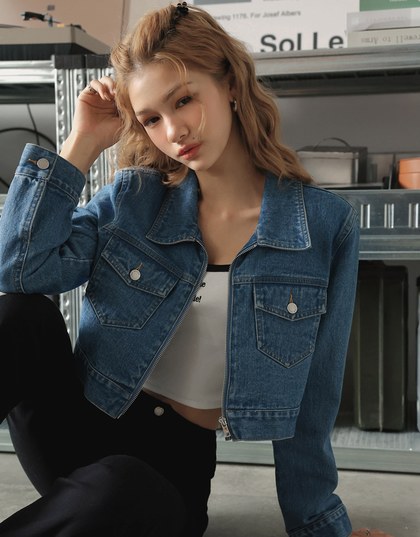 Vintage Zip-Up Denim Jeans Blazer Jacket (With Shoulder Padded)