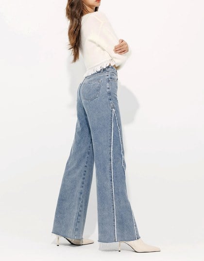 Vintage Fringe Distressed Jeans Denim High Waisted Wide Pants Culottes