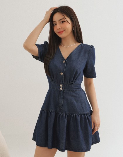 Classic Denim Ruffle Hem V Neck Mini Dress