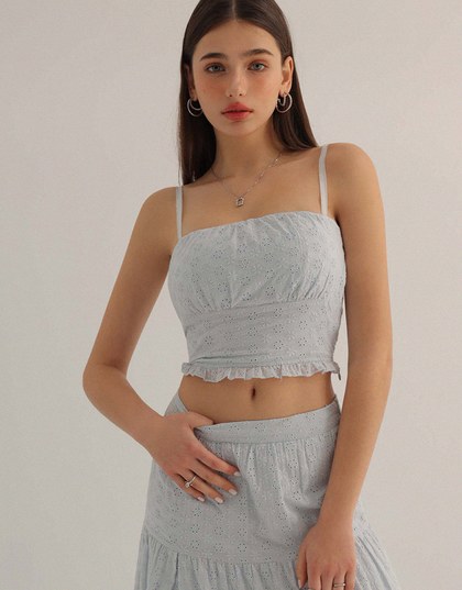 Lace Embroidered Shirred Detail Spaghetti Strap Padded Cami Crop Top