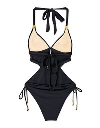 【PUSH UP】Gold Accessories Straps Shirred One-Piece Bikini (Thick Padded)