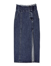 High Waisted Frayed Asymmetrical Slit Denim Jeans Skirt