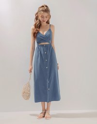 Cross Ribbon Hollow Waist Button Down Dress