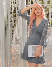 Exquisite V-Neck Lace Flare Sleeves Dress