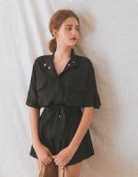 Industrial Style Asymmetrical Button Cinched Waist Playsuit
