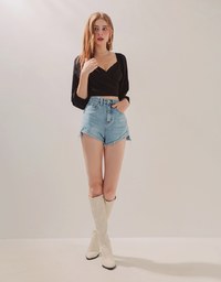 Crossover Scrunch Puff Sleeves Crop Top