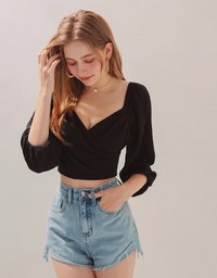 Crossover Scrunch Puff Sleeves Crop Top