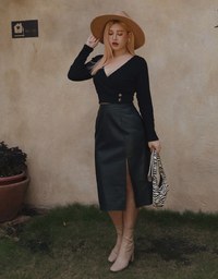 Slimming Side-Slit Faux Leather Midi Skirt
