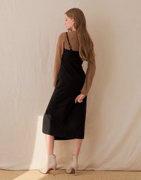Asymmetrical Thin Straps  Tweedlen Slit Midi Dress