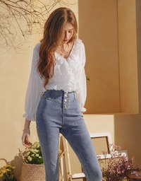 V-Neck Ruffle Ribbon Sheer Chiffon Top