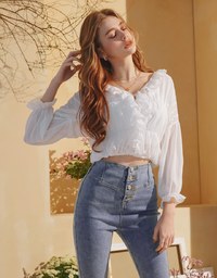 V-Neck Ruffle Ribbon Sheer Chiffon Top