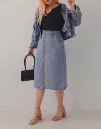 Button-Down Elastic Denim Jeans Midi Skirt