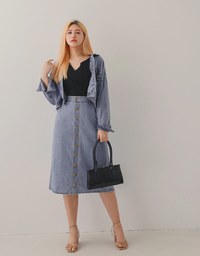 Button-Down Elastic Denim Jeans Midi Skirt