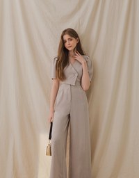 Sleek Overlapped Pleated Puff Sleeves Jumpsuit