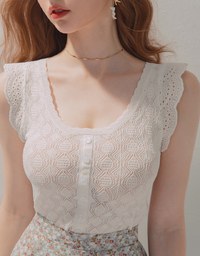 Eyelet Lace Splice Knit Crop Tank Top