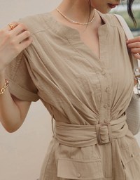 Classy Buttoned Pleated Playsuit (With Belt)