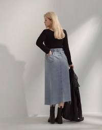 Understated Elegant Denim Slit Midi Skirt