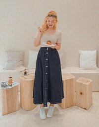 A-Line Buttoned Demin Midi Skirt