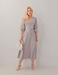 Sleek Overlapped Pleated Puff Sleeves Maxi Dress