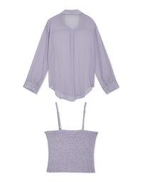 Smocked Cami Top & Semi-Sheer Blouse Shirt  Set Wear