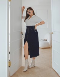 No Filter High Waisted Snatched Waist Shape-Up Slimming Slit Denim Jeans Midi Skirt