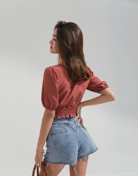 V-neck Buttoned Pattern Cinched Waist Top