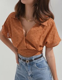 Embroidered Low-cut Lapel Crop Top