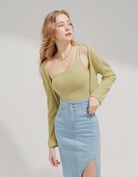 One Shoulder Dual Strap Cami Top + Cardigan (With padding)