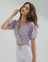Delicate Crossover Eyelet Lace Puff Sleeve Top