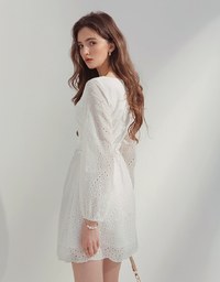 Embroidered V-Neck Buttoned Mini Dress