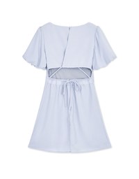 Vigorous Back-Slit Tie-Strap Hollow Waist Puff Sleeve Mini Dress