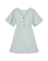 V-neck Buttoned Wide Sleeve Tie-Waist Mini Dress