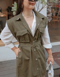 Smart Casual Sleeveless Button-Down Shirt Dress (With Belt)