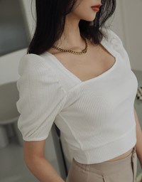Vintage Square Neck Puff Short Sleeve Knit Crop Top