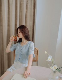 French Checkered Scrunch Buttoned Top