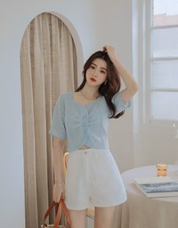 French Checkered Scrunch Buttoned Top