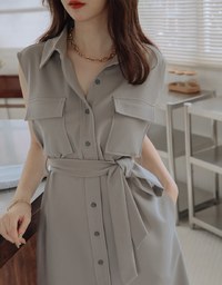 Smart Casual 2WAY Sleeveless Shirt Maxi Dress (With Sash)