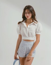Finest Embossed Tie-Back Puff Sleeve Button Up Crop Top
