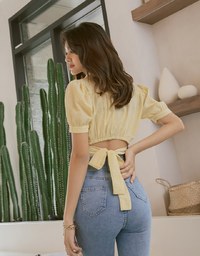 Finest Embossed Tie-Back Puff Sleeve Button Up Crop Top