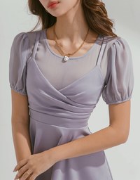 Sweet Sultry Fake Two-Piece Puff Sleeve Flare Dress