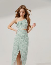 One-Shoulder Floral Slit Maxi Long Dress (With Padding)