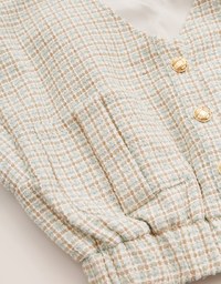 Classic Tweed Roll-Up Sleeve Button Crop Top