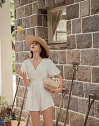 V-Neck Puff Sleeve Open Tie-Back Playsuit